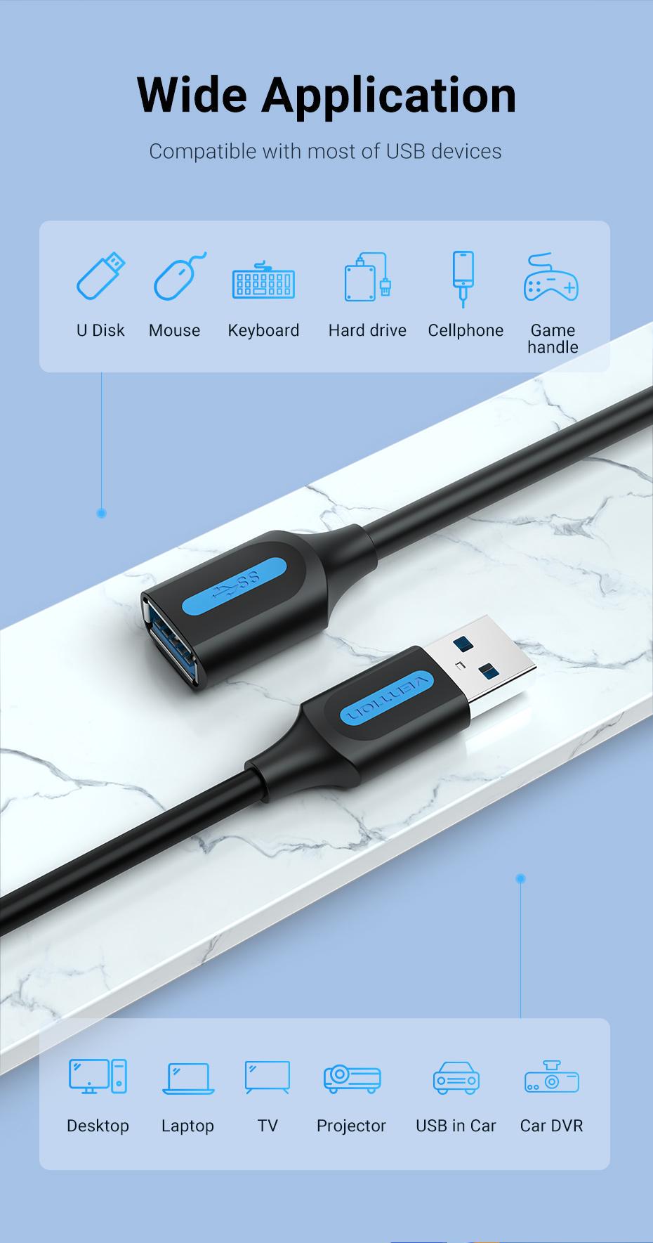 Кабель Vention USB 3.0 5 Гбіт/с USB-A папа на USB-A мама 1 м Чорний (CBHBF) - фото 3 Кабель Vention USB 3.0 5 Гбіт/с USB-A папа на USB-A мама 1 м Чорний (CBHBF) - фото 3