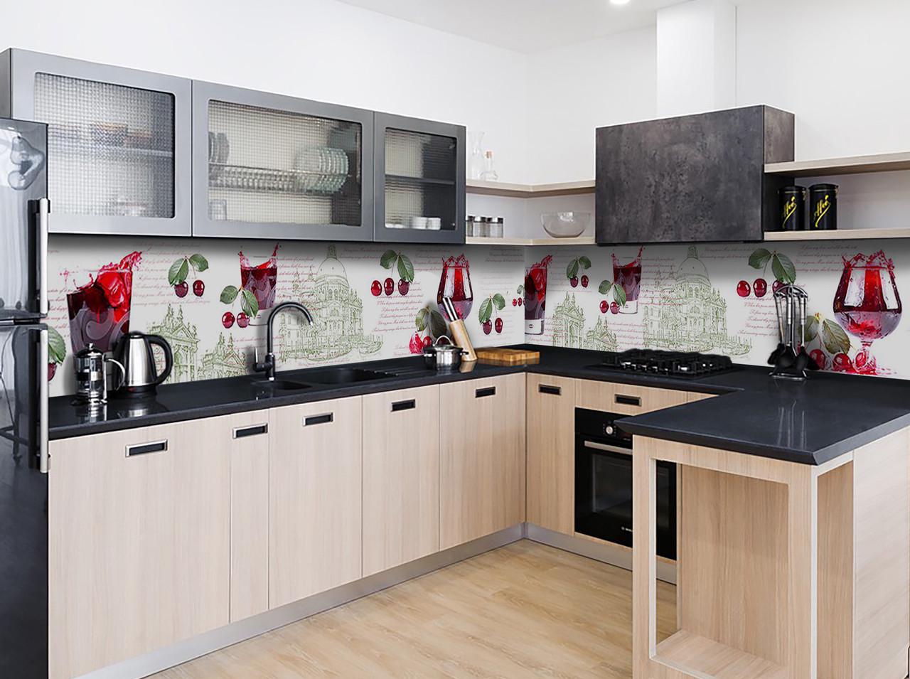 Кухонный фартук Вишневый сок и красные ягоды из самоклеющейся виниловой пленки 60х250 см Бежевый