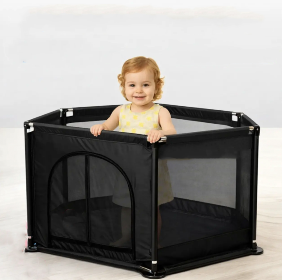 Детский игровой манеж-ограждение с металлическим каркасом и карманом для игрушек 125х113х64 см Черный (Е500273Ч)