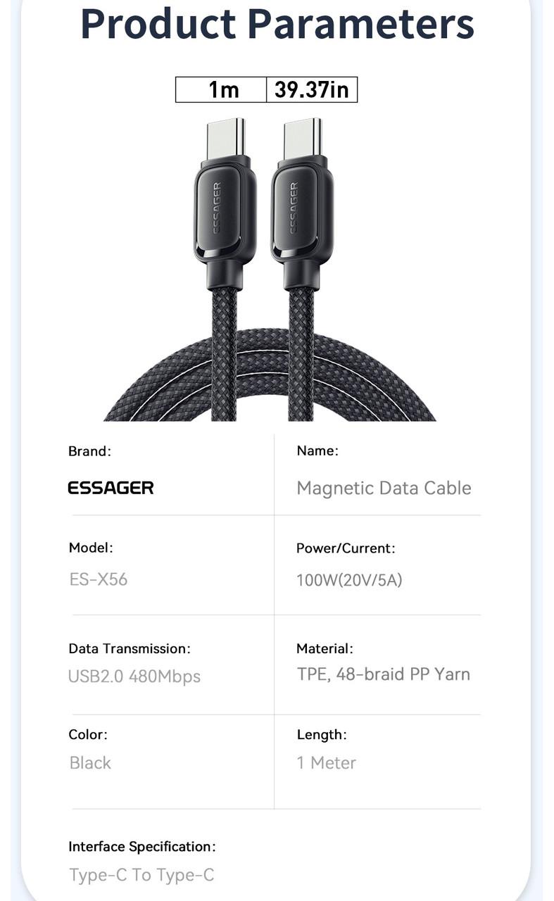 Кабель магнитный Essager Type-C PD 100W 1 м Black (25397330) - фото 10