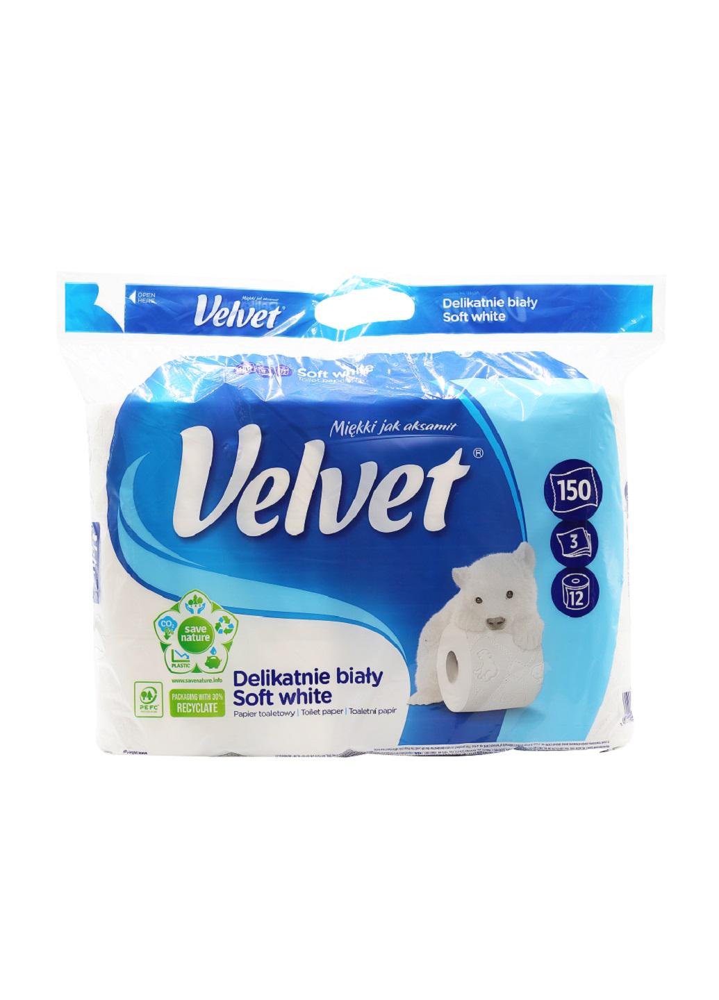 Туалетная бумага Velvet Soft White трехслойная 150 отрывов 12 рулонов (НФ-00003276)