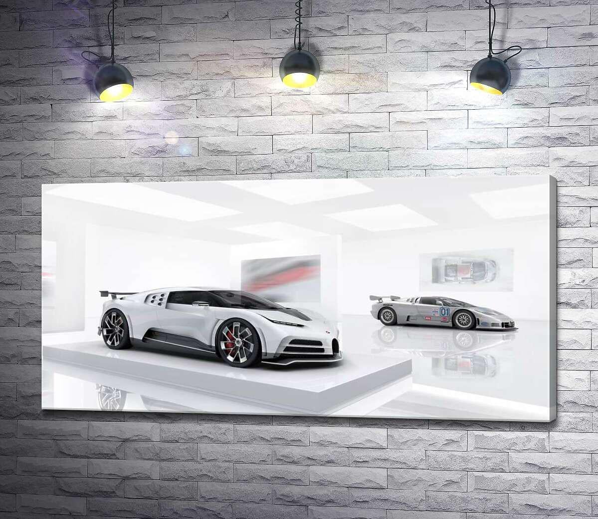 Картина ArtPoster Белый блеск спортивного автомобиля Бугатти (Bugatti Centodieci) 130x65 см Модуль №1 (000952)