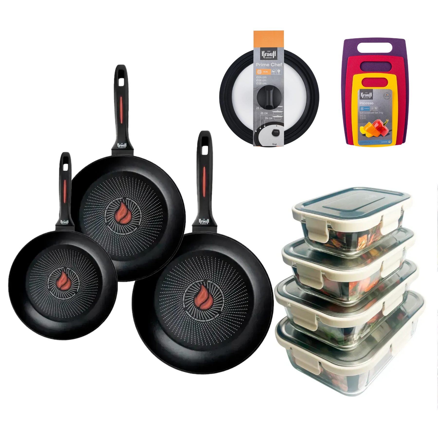 Набор сковородок Krauff Smart Fry с универсальной крышкой/стеклянными контейнерами Loker и досками (55-333-661)