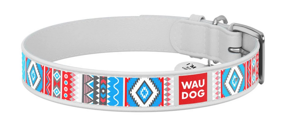 Ошейник для собак кожаный WAUDOG Design с QR паспортом Этно L 25 мм 38-49 см Белый (Collar377615)