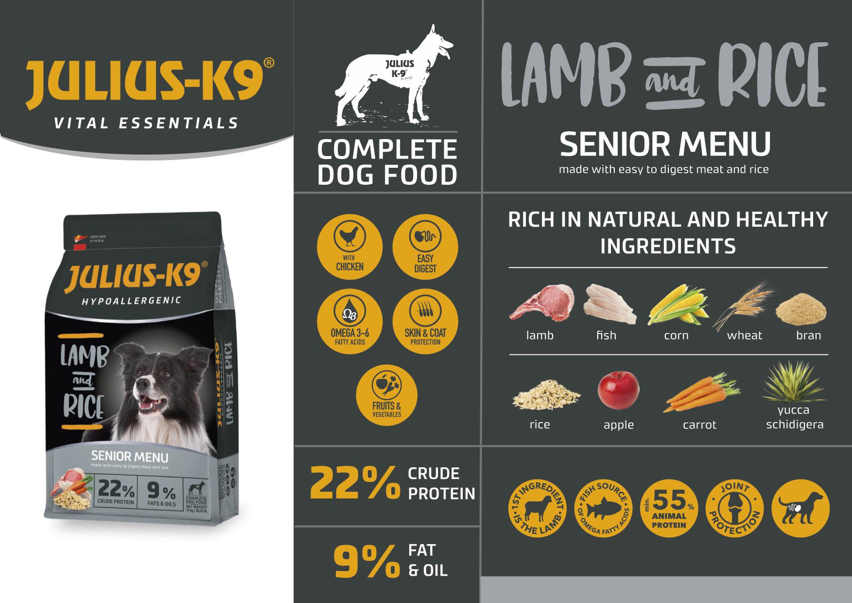 Корм сухий для собак старшого віку або собак схильних до повноти JULIUS-K9 LAMB and RICE Senior Menu 12 кг (5998274312613) - фото 2