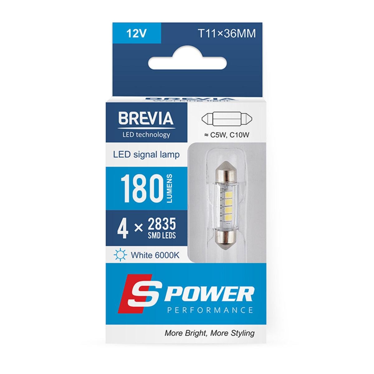 Автомобильная лампа Led Brevia S-Po Wer C5 W T11x36 180 Lm 4x2835SMD 12 V CANbus 2 шт. (4541)