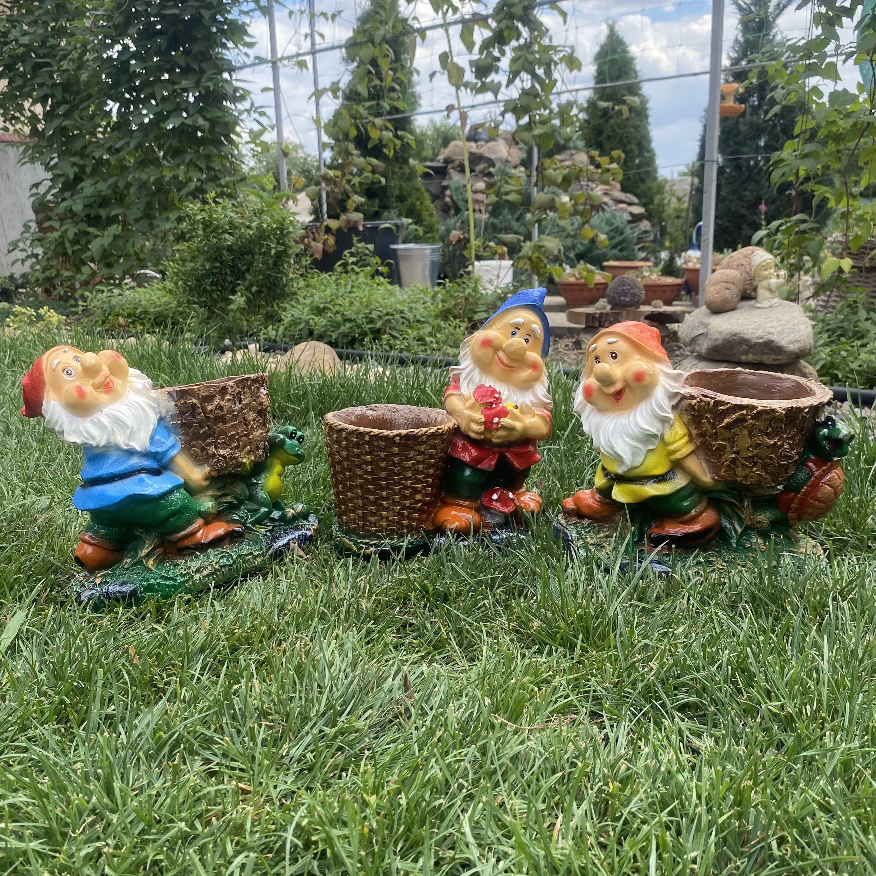 Комплект садових фігур-кашпо Гном з черепашкою жабкою та кошиком 3 шт. (4426)