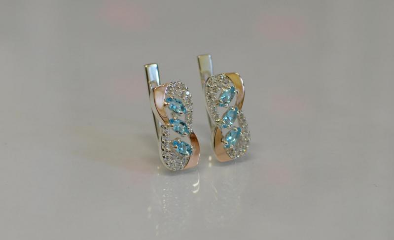 Серебряные серьги Sil с золотыми пластинами 120s-12 Голубой (Sil-810)