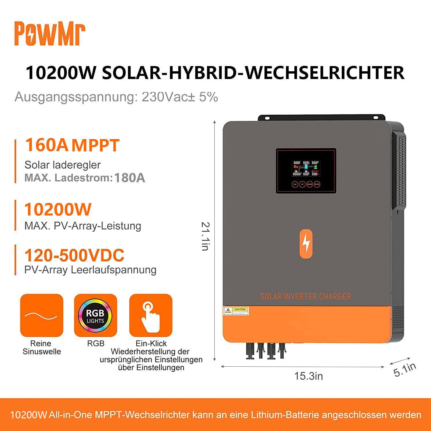 Інвентор сонячний гібридний PowerMr 10200W 48V 2 MPPT 120A - фото 2