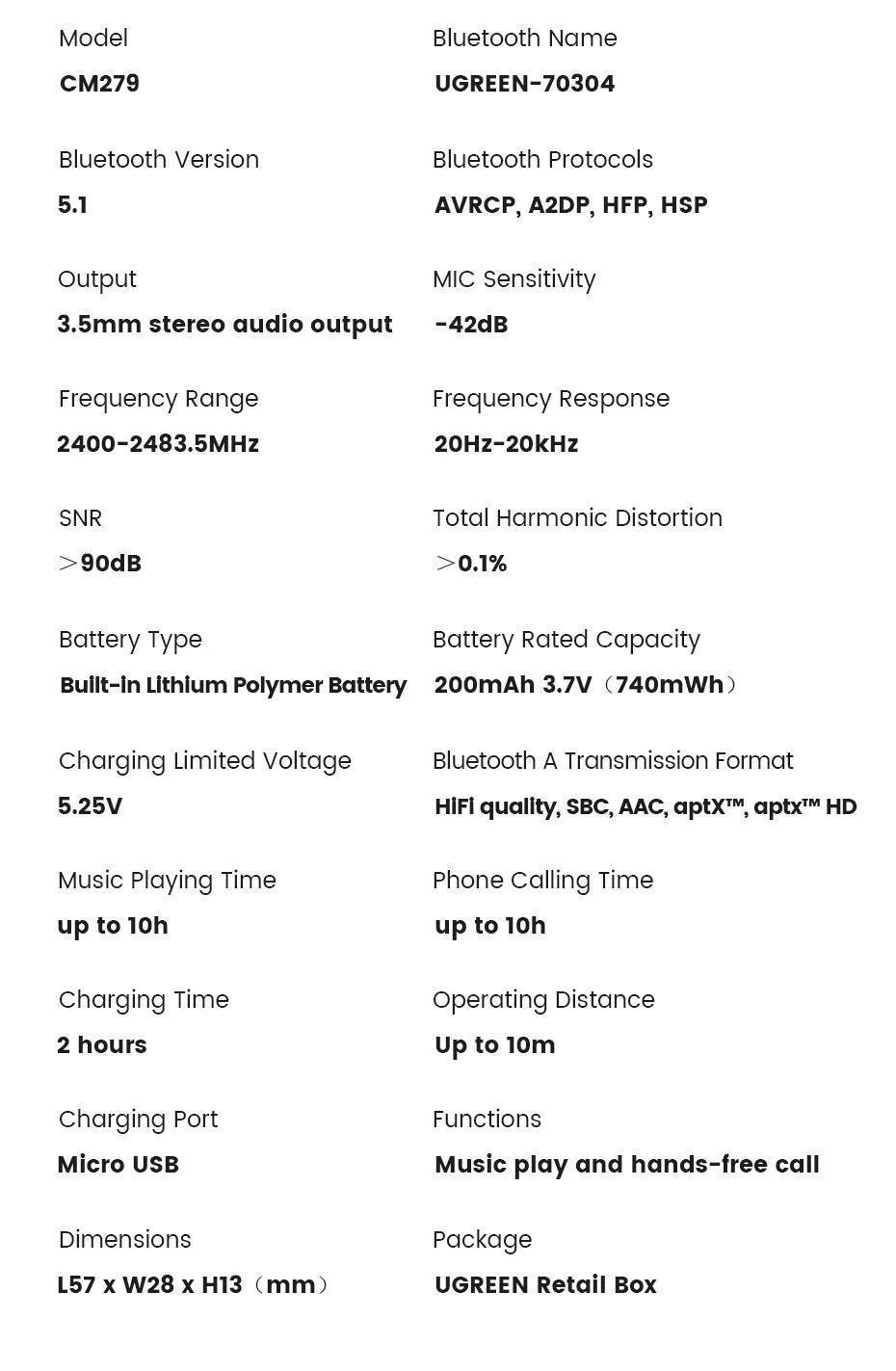 Адаптер UGREEN Bluetooth 5.1 приемник aptX HD Hi-Res 3,5 мм minijack AUX-micro USB Аудио AAC/SBC/aptX LL стерео Черный (70304) - фото 8