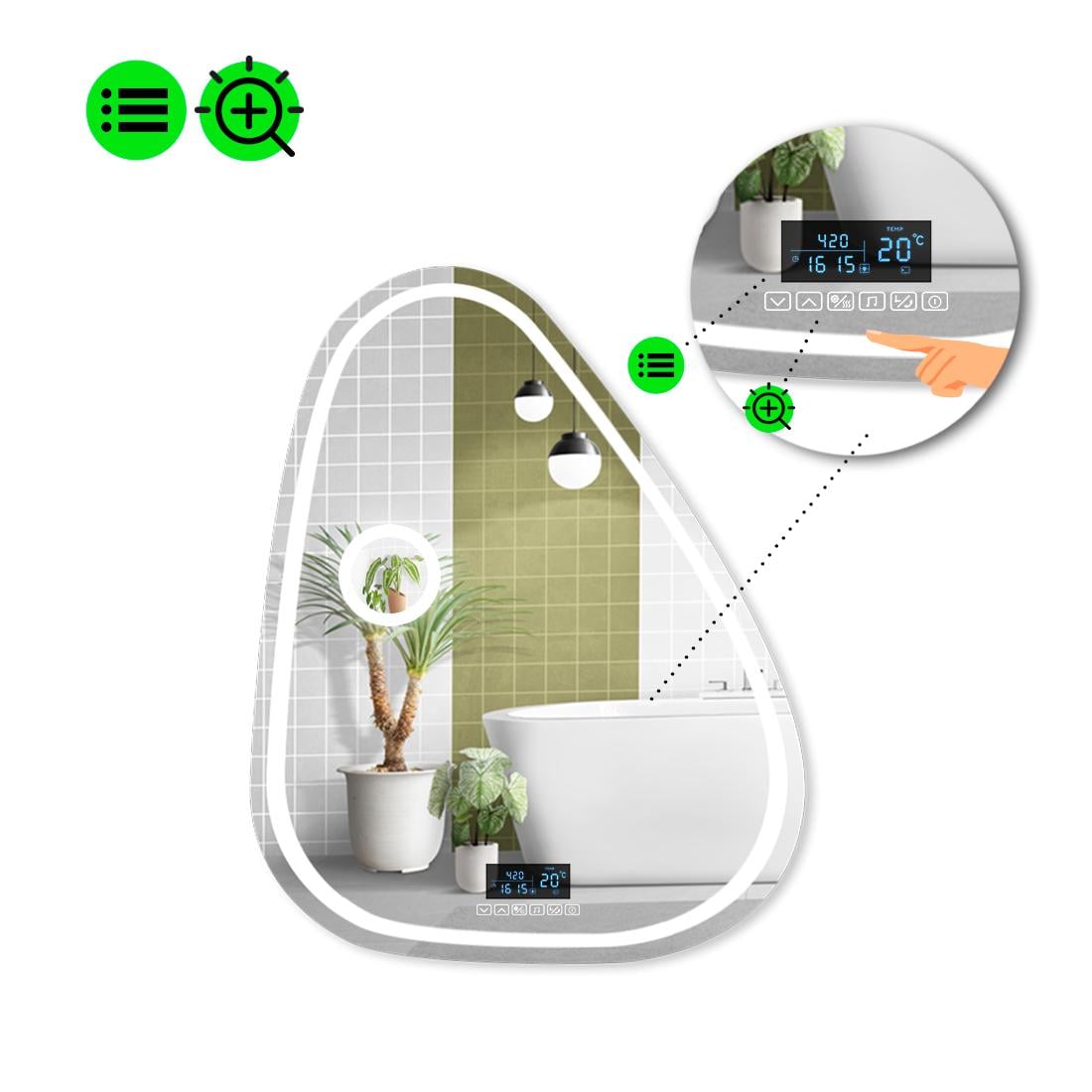 Зеркало с LED подсветкой Doccia 1 с Smart-блоком и линзой с подсветкой 140x110 см (Doccia1-106)
