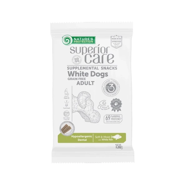 Лакомство беззерновое для собак Nature`s Protection Superior Care White Dogs Hypoallergenic & Dental Care с белой рыбой 150 г