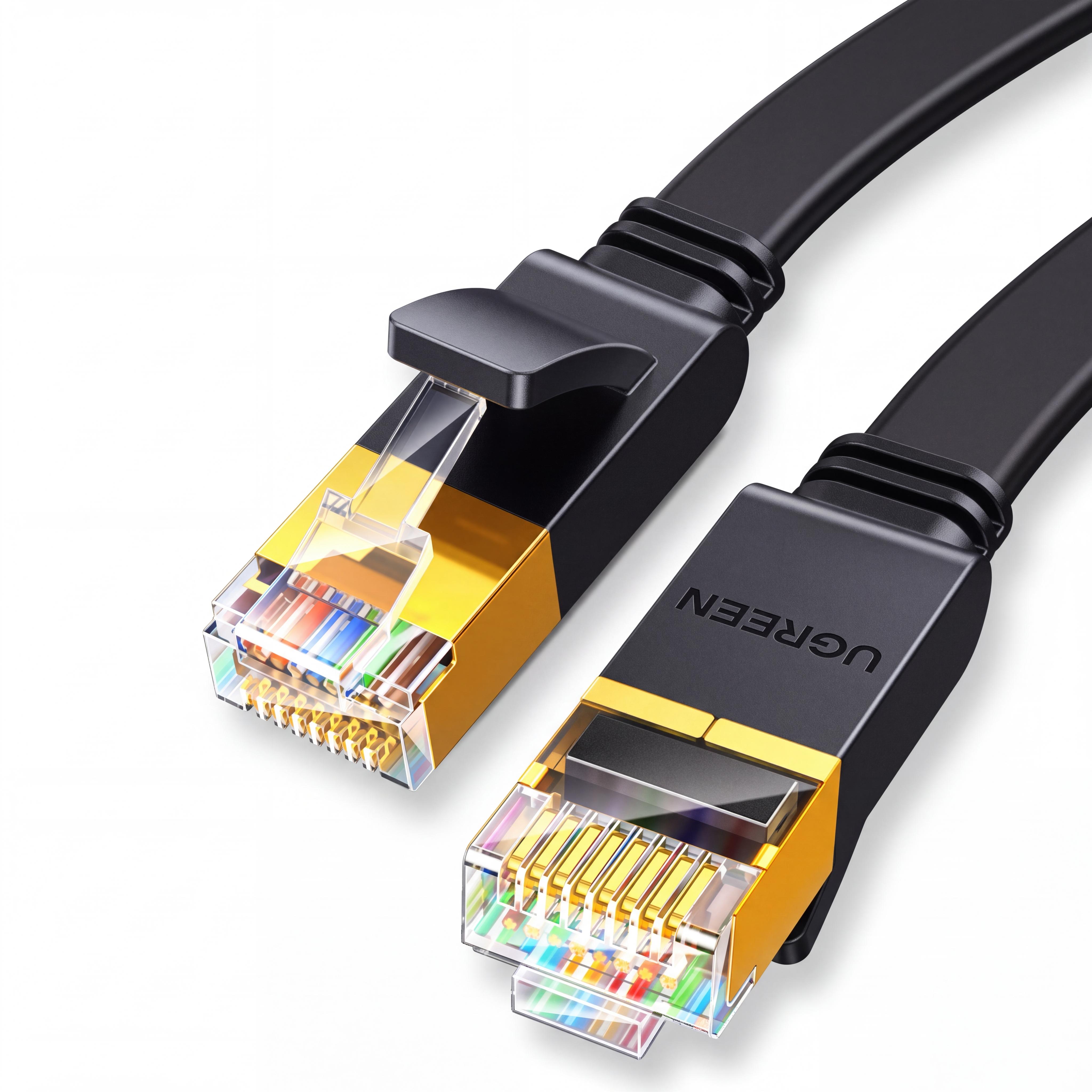 Патч-корд RJ45 UGREEN NW106 2 м Cat 7 до 10 Гбіт/с плоский екран U/FTP жили з чистої міді з пилозахисними ковпачками Чорний (11261)