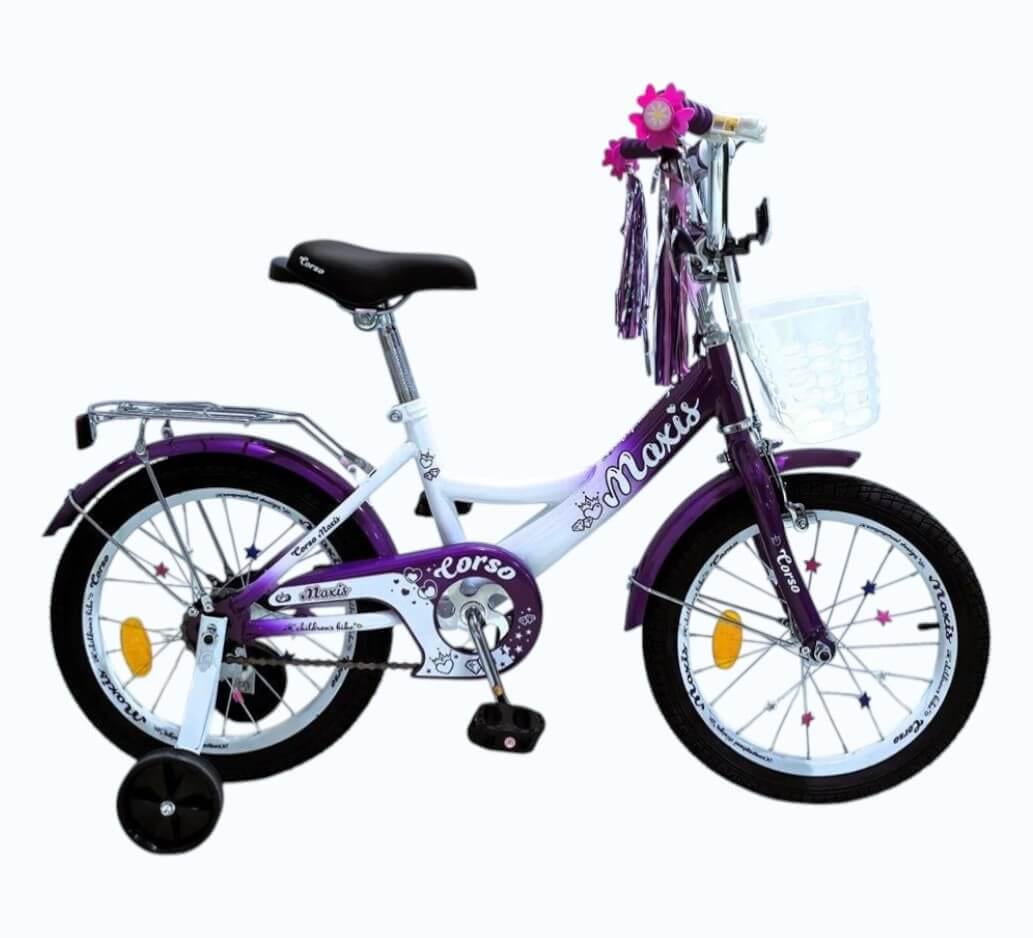 Велосипед двухколесный Corso MAXIS 16" для девочки с корзиной и багажником Белый/Фиолетовый (509673543)