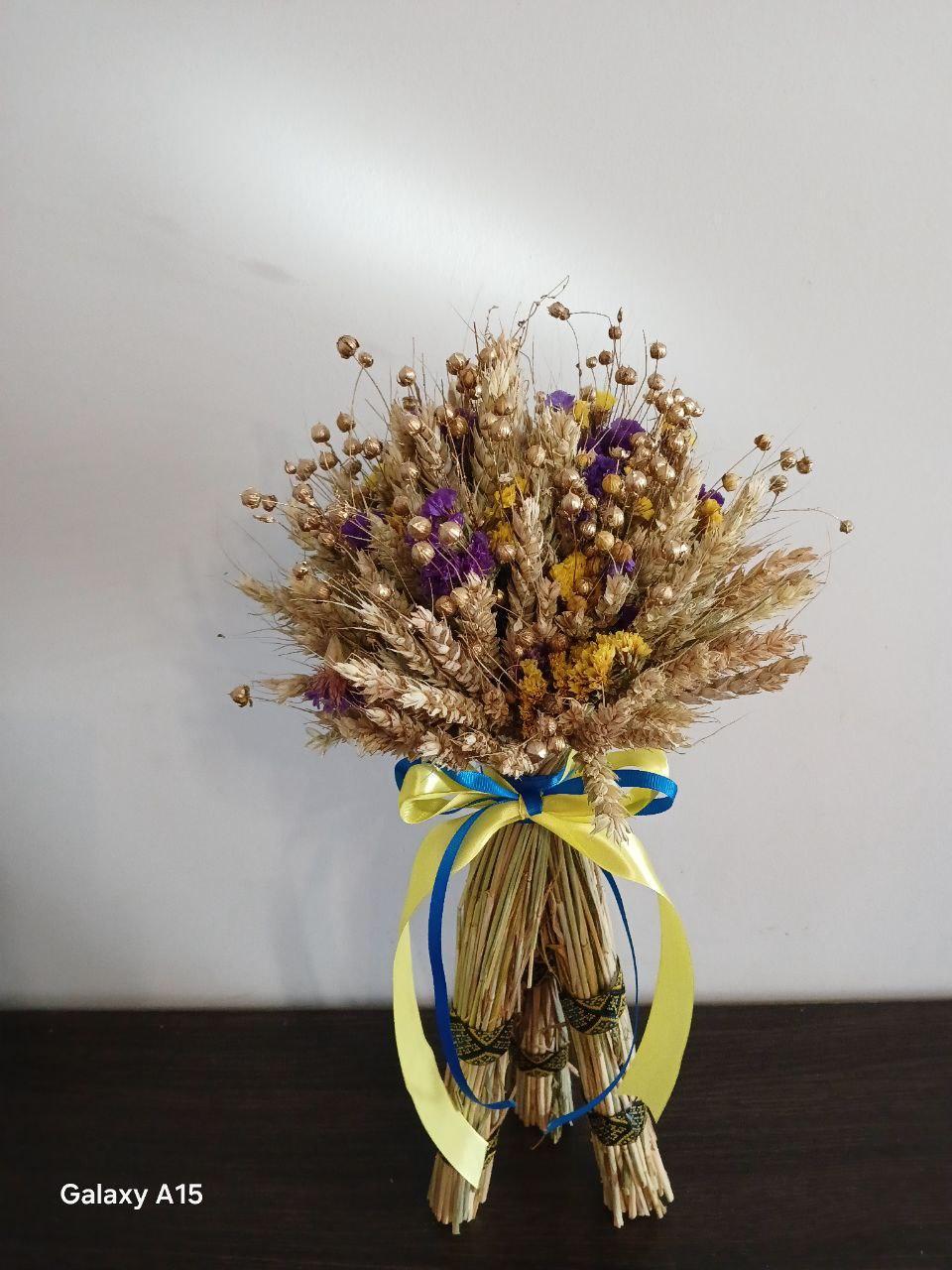 Дидух рождественский из колосья пшеницы/льна и овса на трех ножках 50-55 см с украинской лентой (2822852634) - фото 5 Дидух рождественский из колосья пшеницы/льна и овса на трех ножках 50-55 см с украинской лентой (2822852634) - фото 5