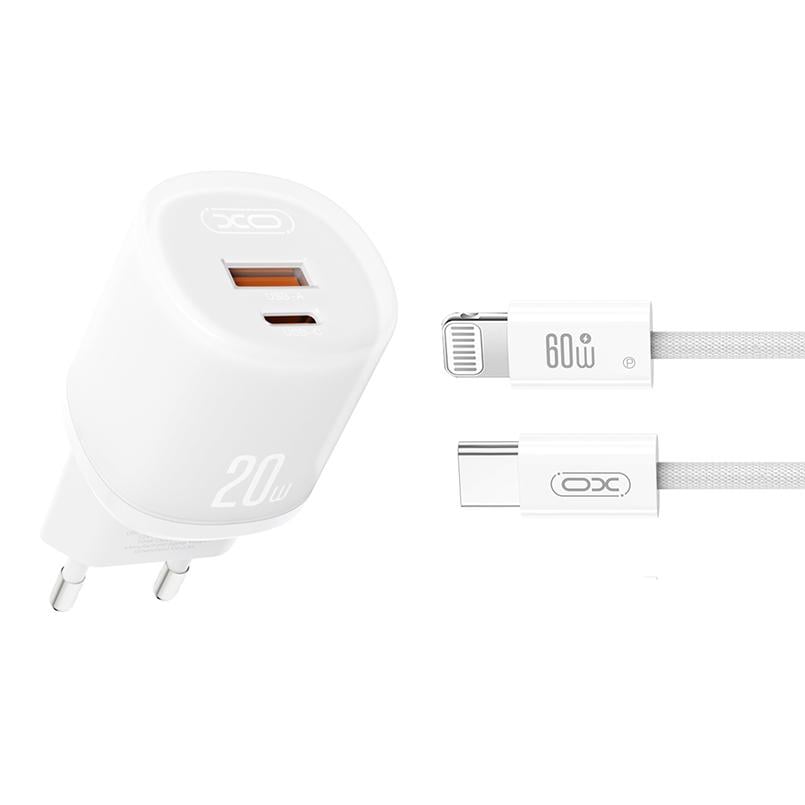 Сетевое зарядное устройство XO L144 PD20W 1USB-A+1USB-C Lightning кабель Белый (XO-L144+L-White)