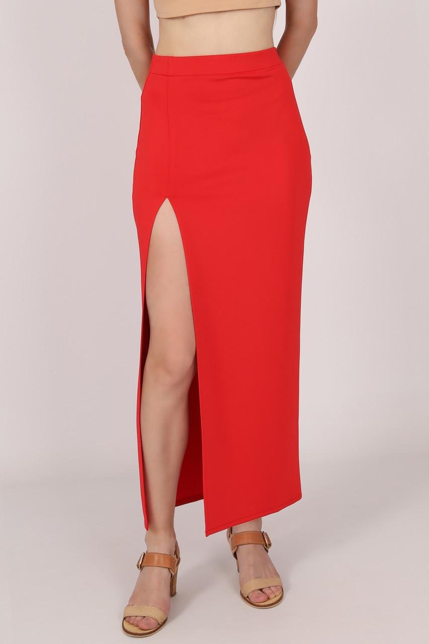 Спідниця максі жіноча з трикотажу із розрізом на правій нозі однотонна р. 38 Червоний (1778369236) - фото 1 Спідниця максі жіноча з трикотажу із розрізом на правій нозі однотонна р. 38 Червоний (1778369236) - фото 1