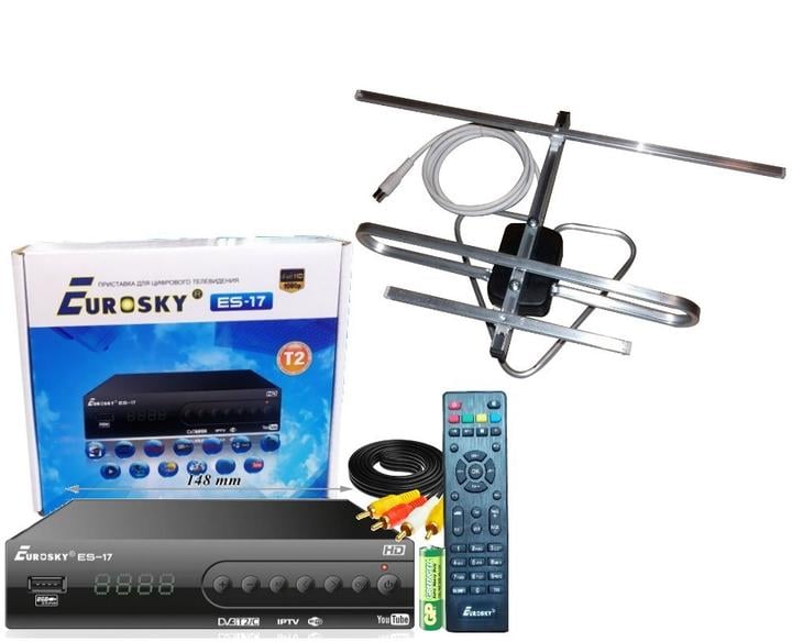 Тюнер Eurosky ES-17 с функцией записи и просмотра интернет-каналов,IPTV,YouTube/антенна комнатная с TV-кабелем