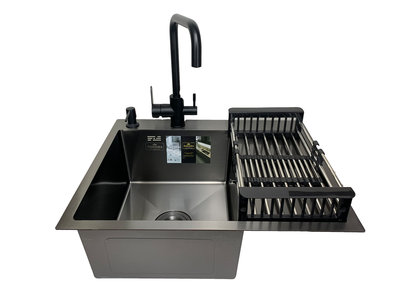 Мийка кухонна Kroner 63x50 см чаша зліва в чорному PVD + змішувач/кошик/дозатор