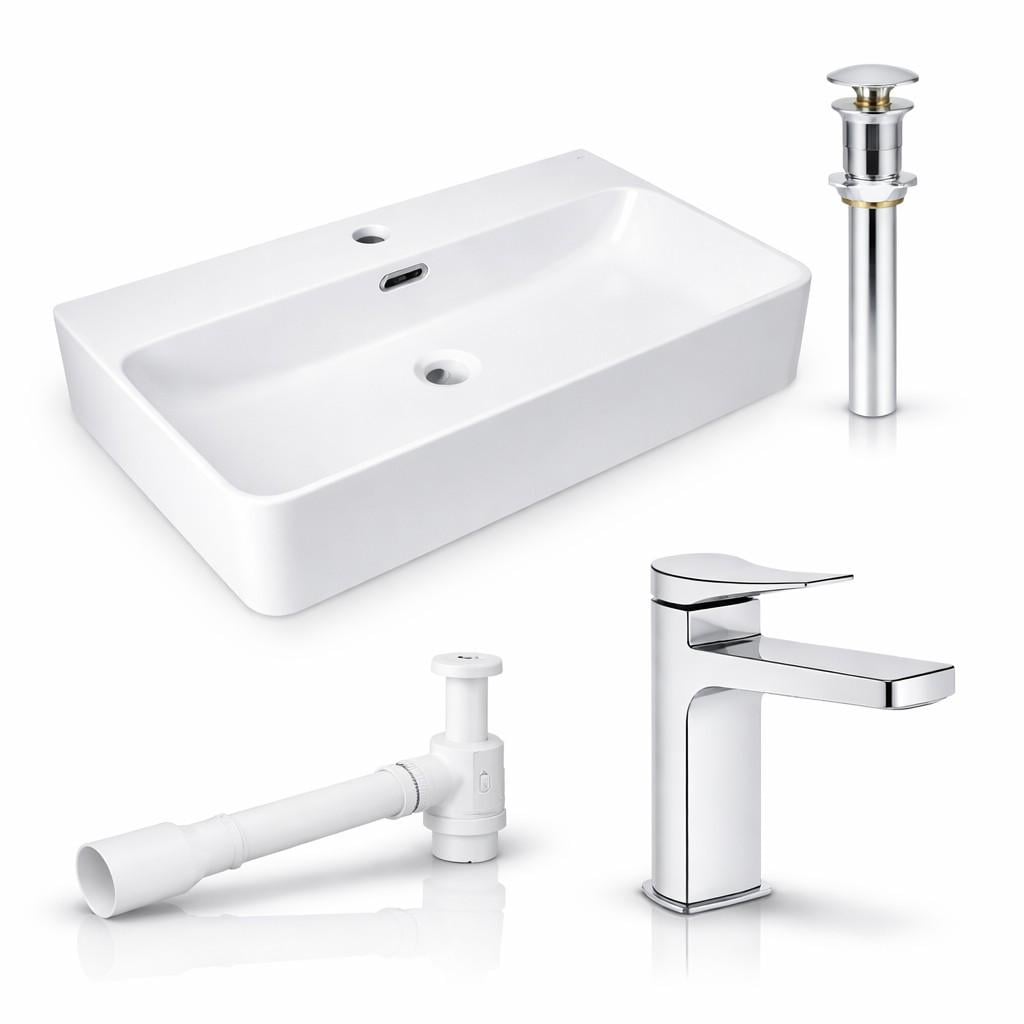 Комплект Qtap Nando LT 610×420 White підвісна раковина/змішувач Nando Chrome/донний клапан/сифон (47326/48649)