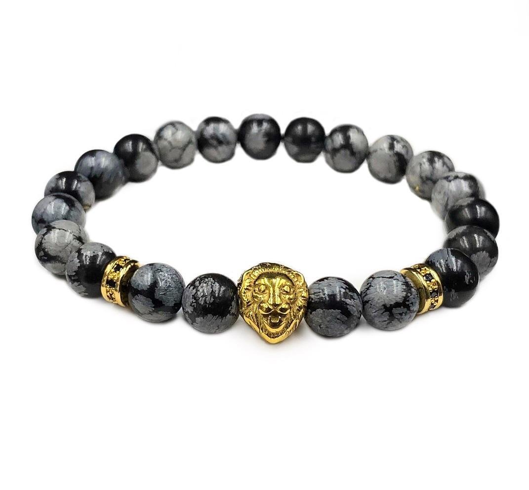 Браслет із обсидіана із левом та дисками р. 17 Сірий/Золотий (50043)