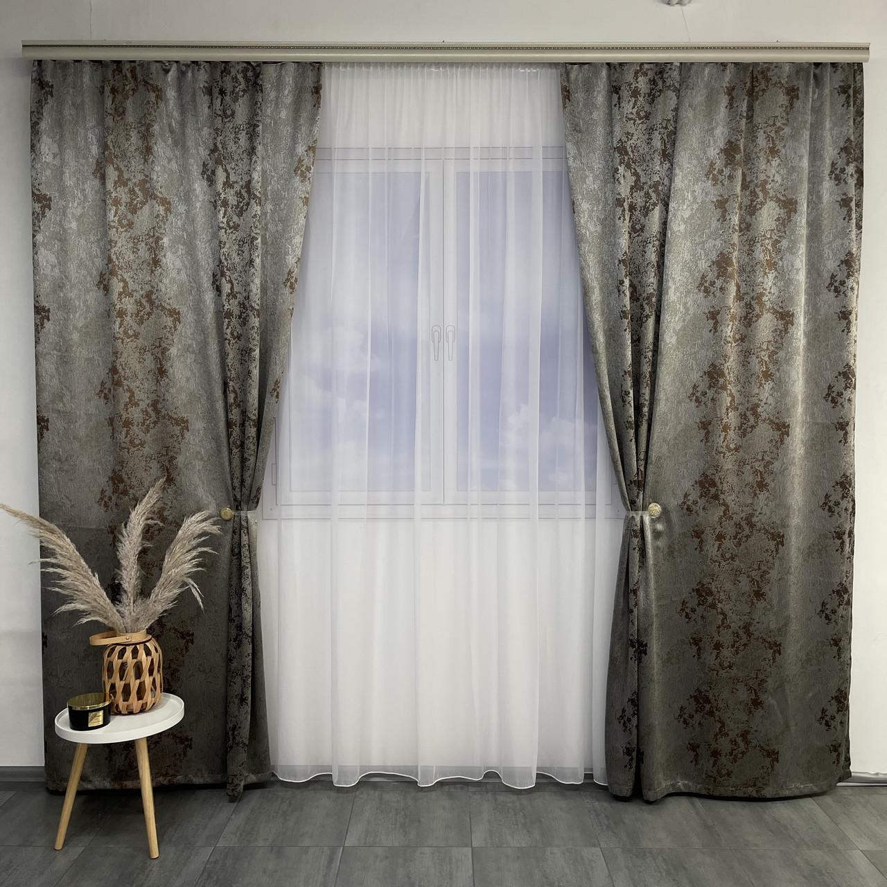 Шторы готовые жаккардовые Мраморные с тюлем Cеро-шоколадный (SHTN-K3-2)