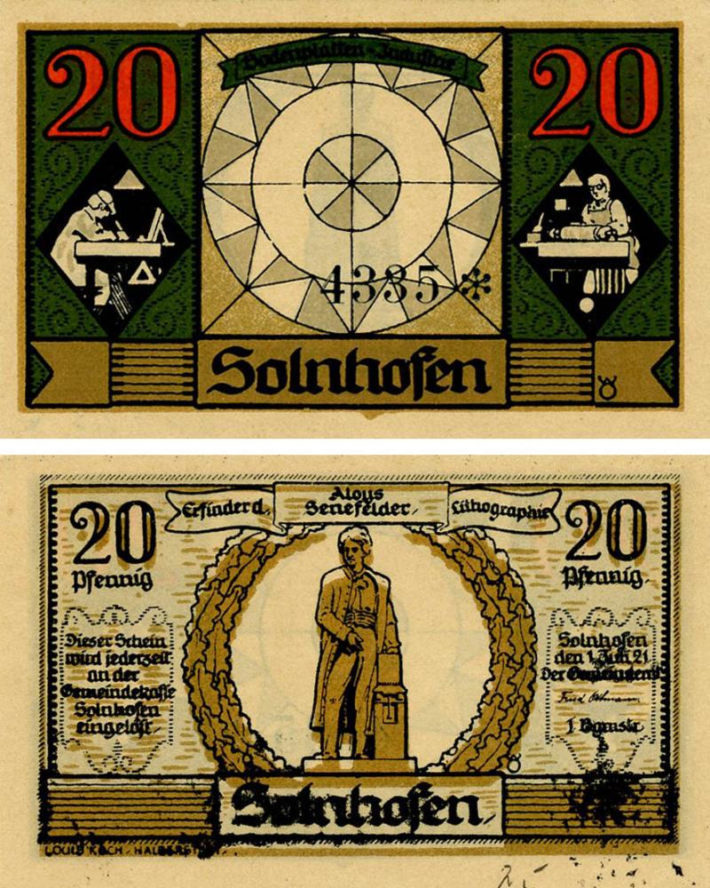 Коллекционная банкнота Германия Нотгельд 20 пфеннигов 1921 F-VF Зольнхофен (Б18505)