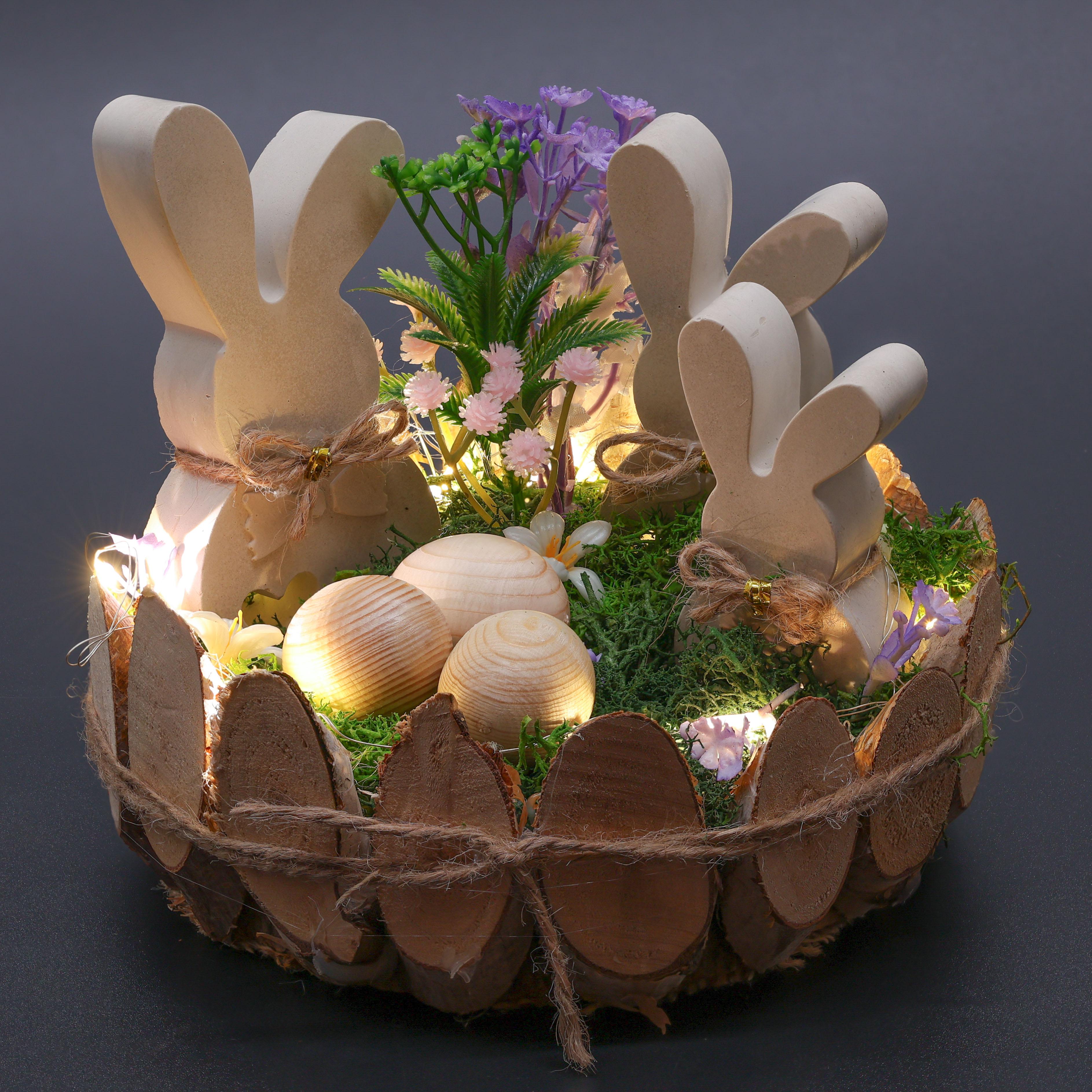 Набор пасхальных семей гипсовых зайчиков и яиц в траве в деревянном кашпо ручной работы с подсветкой 17х13 см
