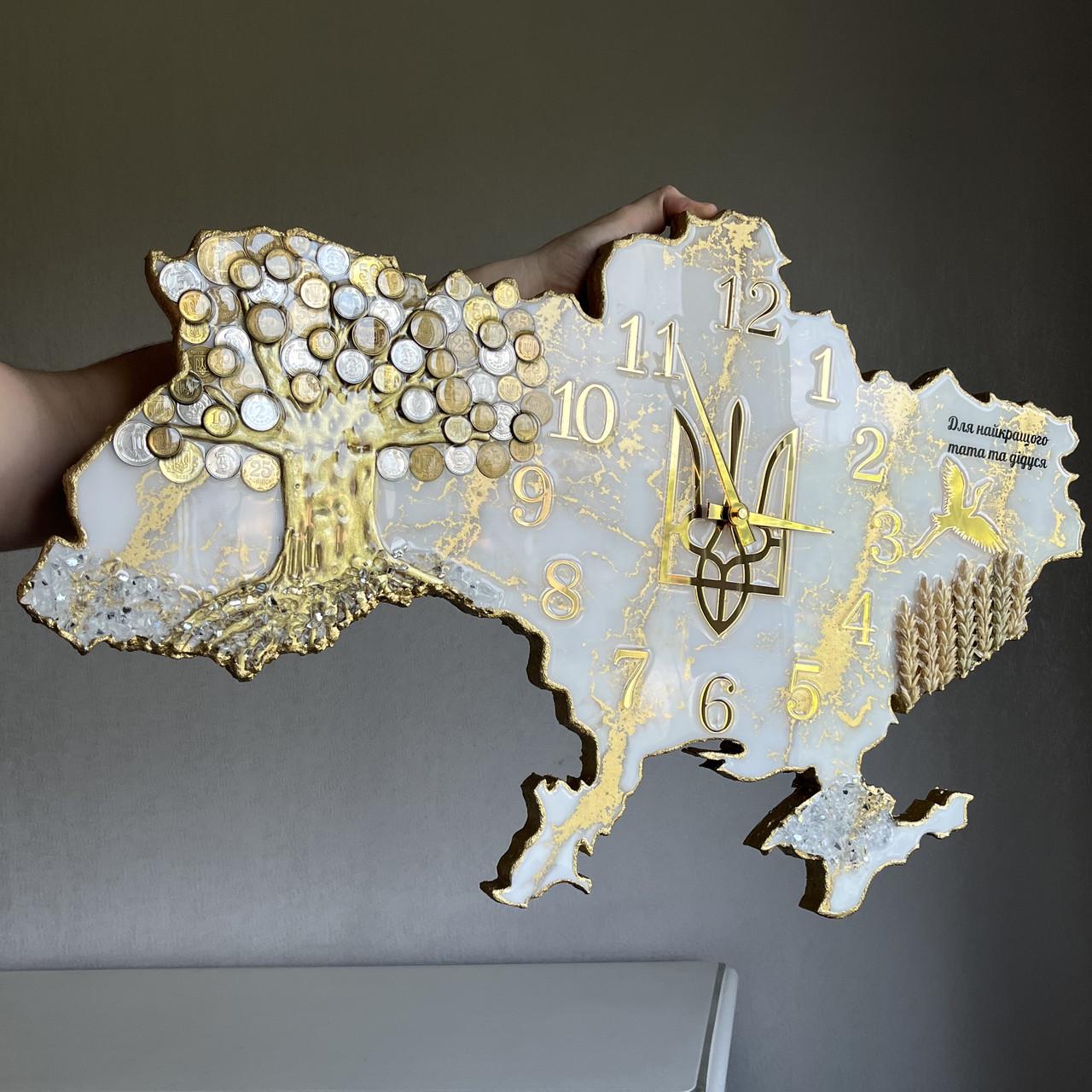 Часы настенные из эпоксидной смолы Карта Украины с денежным деревом 110х71 см