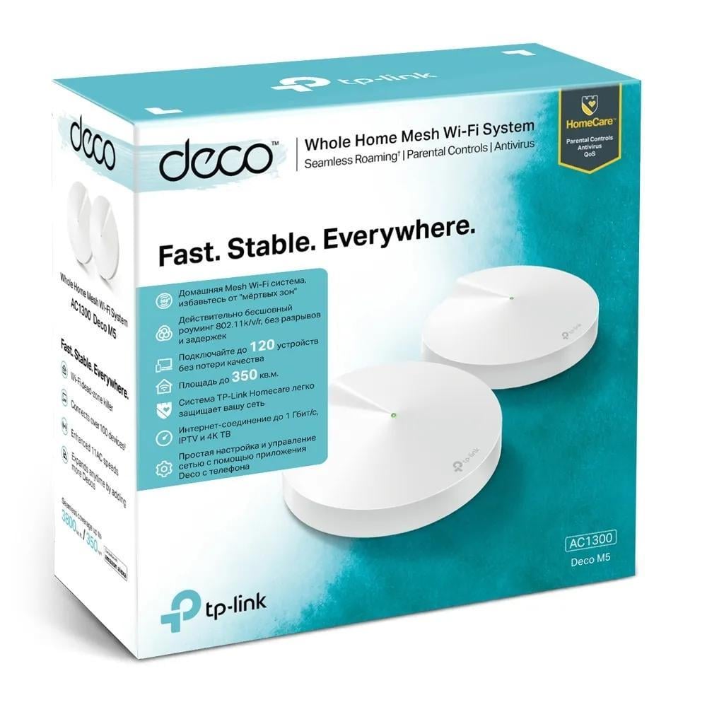 Wi-Fi система домашняя TP-Link Mesh AC1300 модуль Deco M5 2в1 роутер и точка доступа 2-pack White (150240) - фото 9