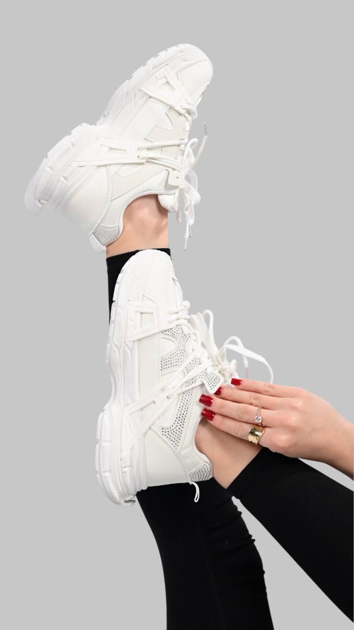 Кроссовки женские Kaker chunky экокожа массивная рельефная подошва ПВХ на шнуровке с блестками р. 39 Белый