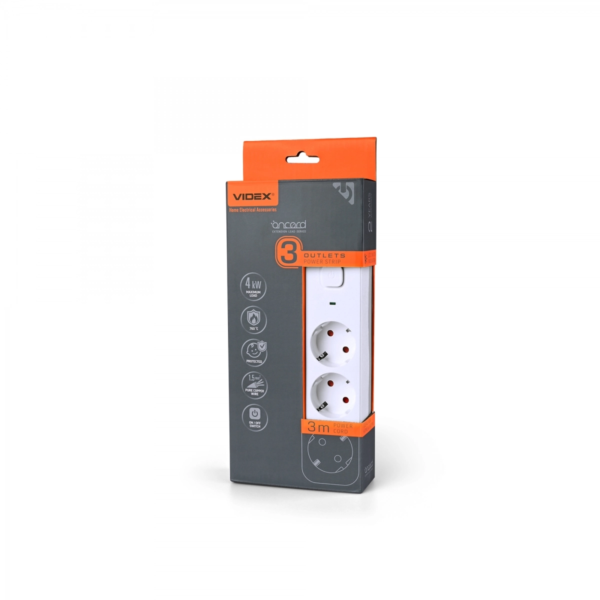 Подовжувач мережевий VIDEX ONCORD з/з 3п з кнопкою 3 м 3x1,5 мм White (VF-PD33G-W)