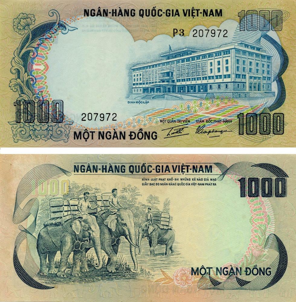 Коллекционная банкнота Южный Вьетнам 1000 донг 1972 г. Слоны UNC (P34)