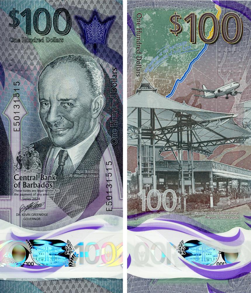 Коллекционная банкнота Барбадос 100 долларов 2024 Полимер UNC (PW85)