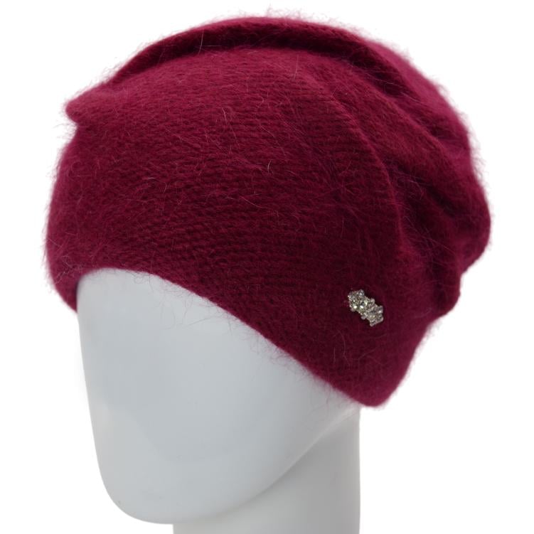 Шапка женская Novita Сюзана ангоровая двойная с аккуратным узором и брошью one size Бордовый (247450)