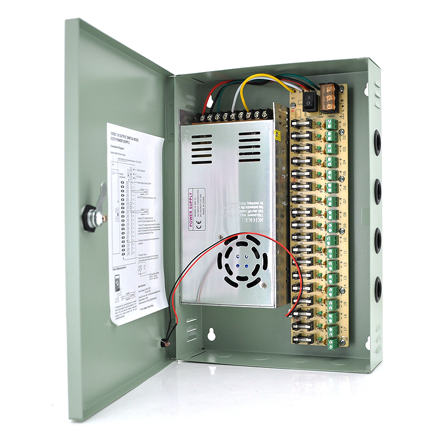Блок живлення імпульсний 18CH Q14 для відеоспостереження та сигналізації 18-ти канальний у боксі із замком 12V-30A (13934)