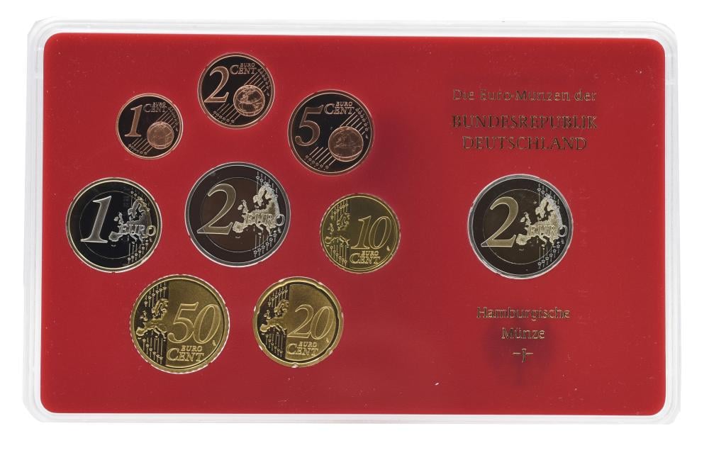 Коллекционные монеты Германия набор из 9 монет евро 2008 UNC J 1/2/5/10/20/50 евроцентов/1/2 евро/памятная 2 евро Блистер (М22716)