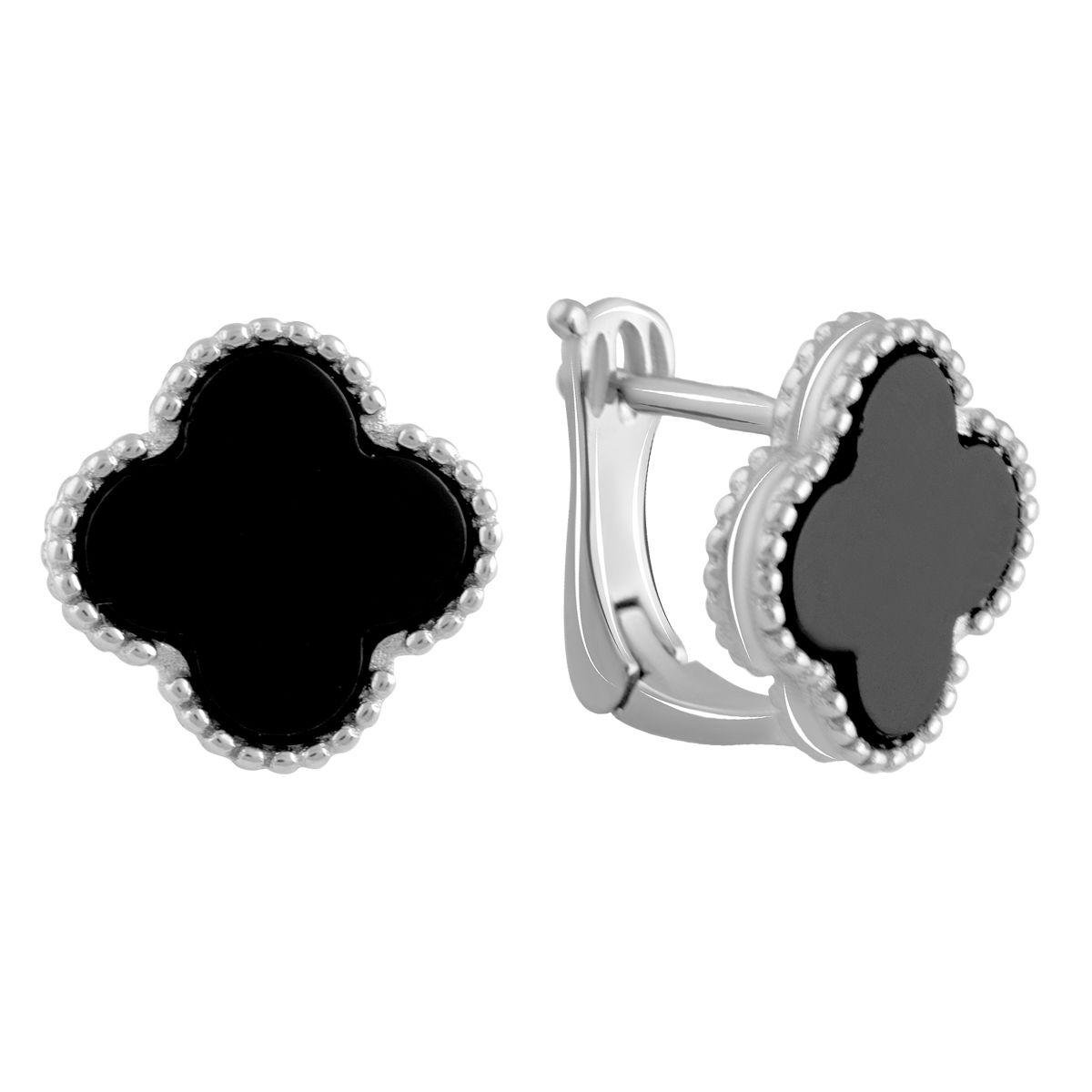 Сережки срібні з оніксом у формі чотирилистника Сережки срібні з оніксом у формі чотирилистника