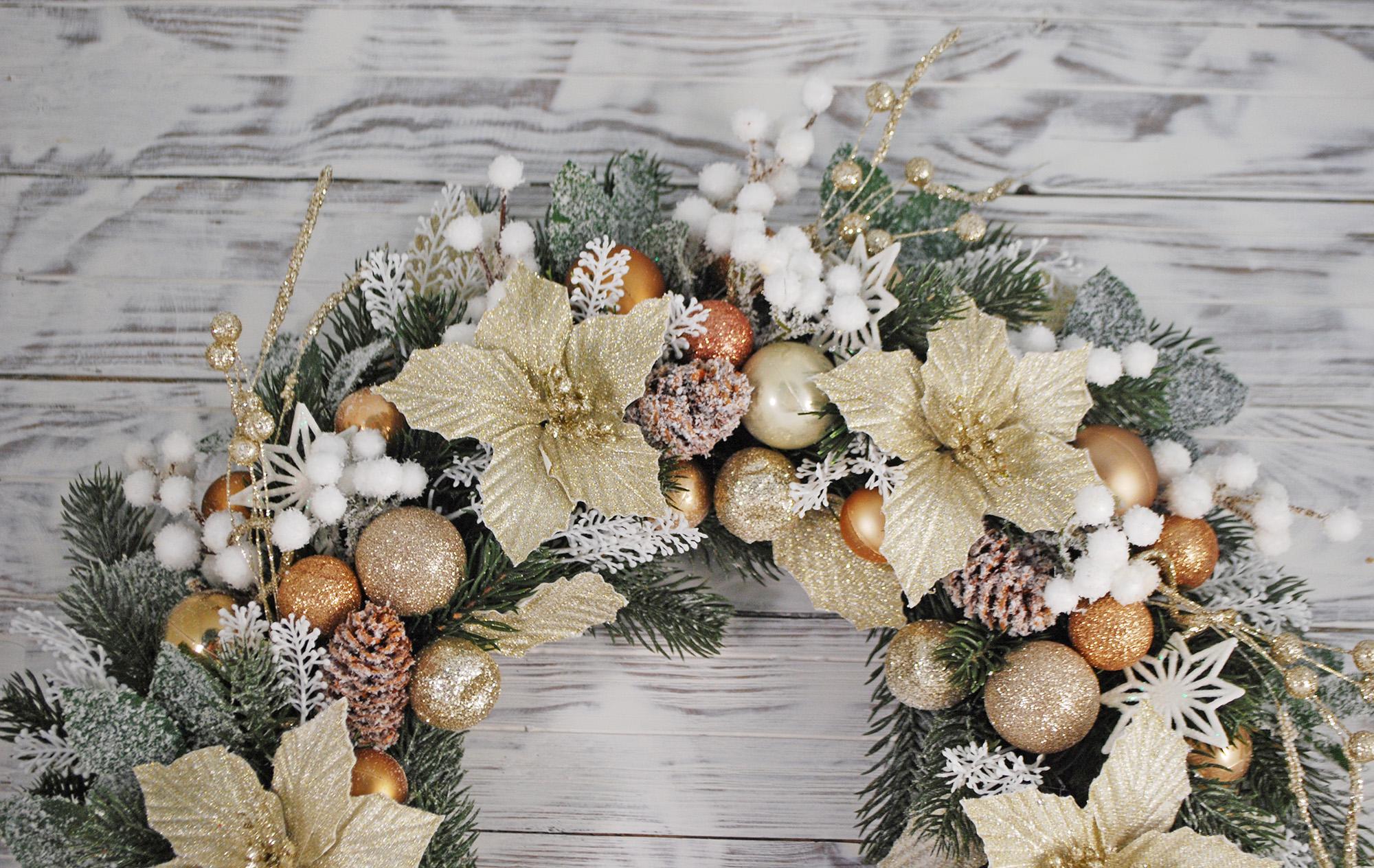 Венок новогодний 43 см Золотистый/Белый/Бронзовый (4781055) - фото 3 Венок новогодний 43 см Золотистый/Белый/Бронзовый (4781055) - фото 3