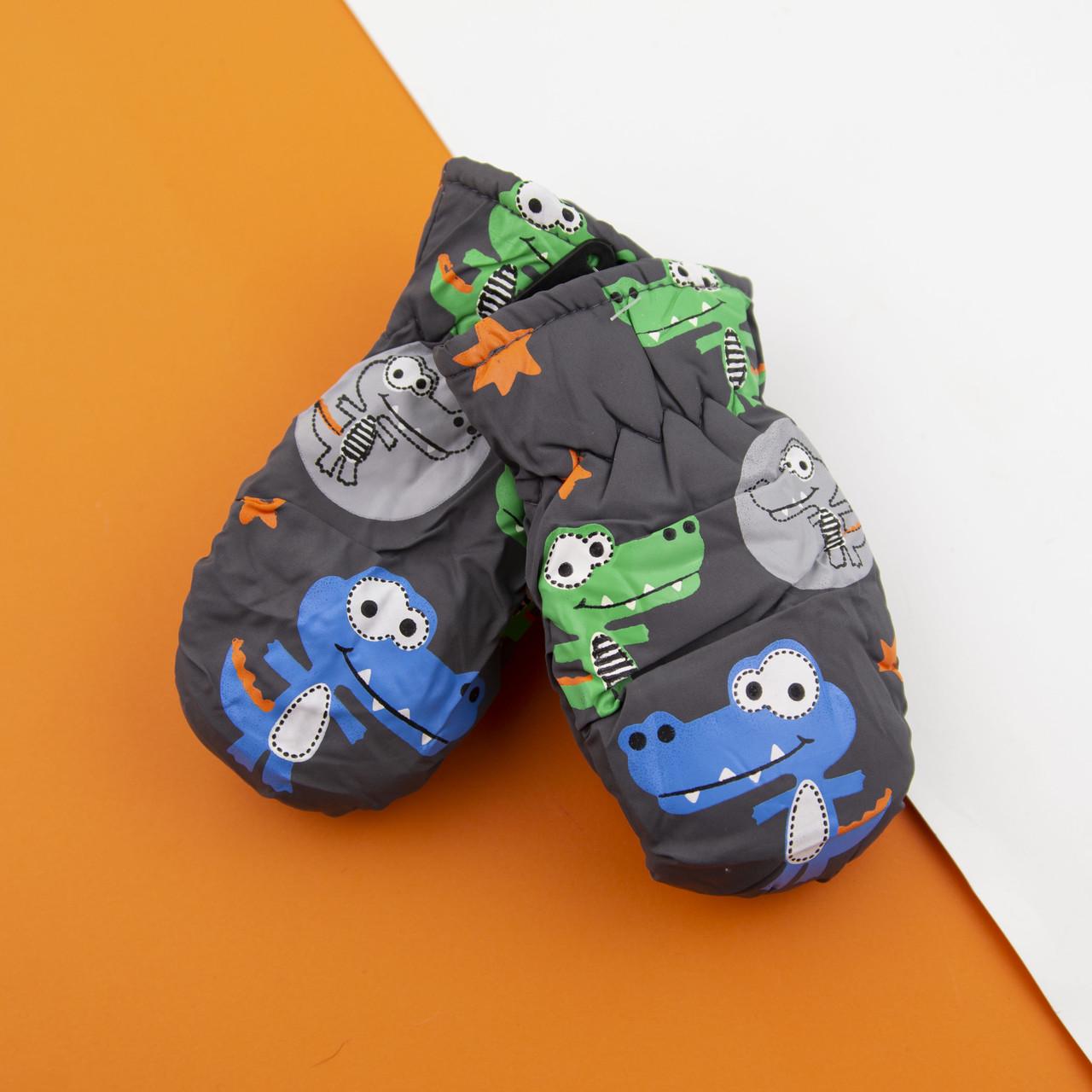 Варежки болоневые на 2-4 года лыжные для мальчиков и девочек Крокодилы 22-12-48 Темно-серый (DR009822