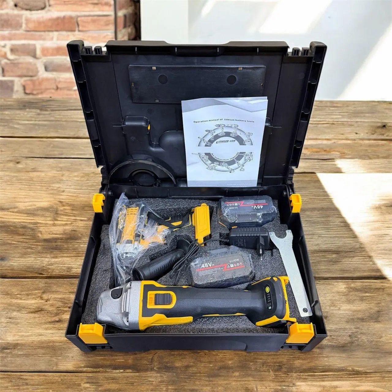 Набор электроинструментов аккумуляторных в кейсе 48V шуруповерт/болгарка и 2 аккумулятора с индикаторами заряда Желтый (opt-105809)