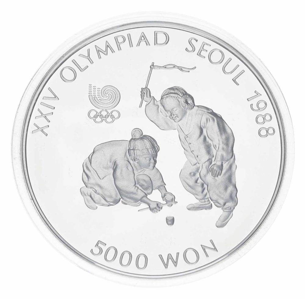 Коллекционная монета Южная Корея 5000 вон 1987 Серебро Proof XXIV летние Олимпийские игры в р. Сеул 1988 Чеги Чаги (М23348)