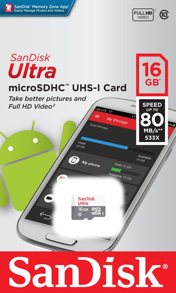 Картка пам'яті microSDHC UHS-1 SanDisk Ultra class 10 16 Gb 80 Mb/s