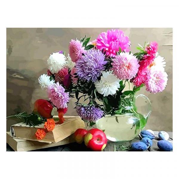 Алмазна мозаїка TK Group Натюрморт айстри фрукти і книги 40х30 см з рамкою в коробці (GB76510-mt)