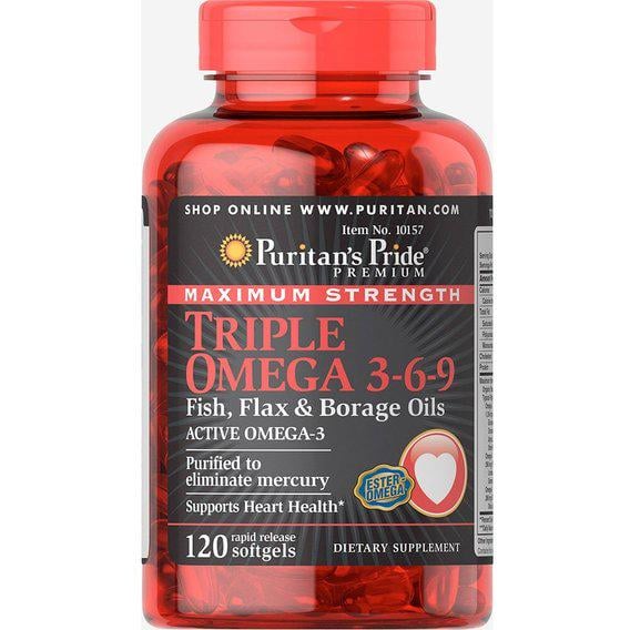 Льняное масло Puritan's Pride Maximum Strength Triple Omega 3-6-9 Fish Flax & Borage Oils 120 Softgels