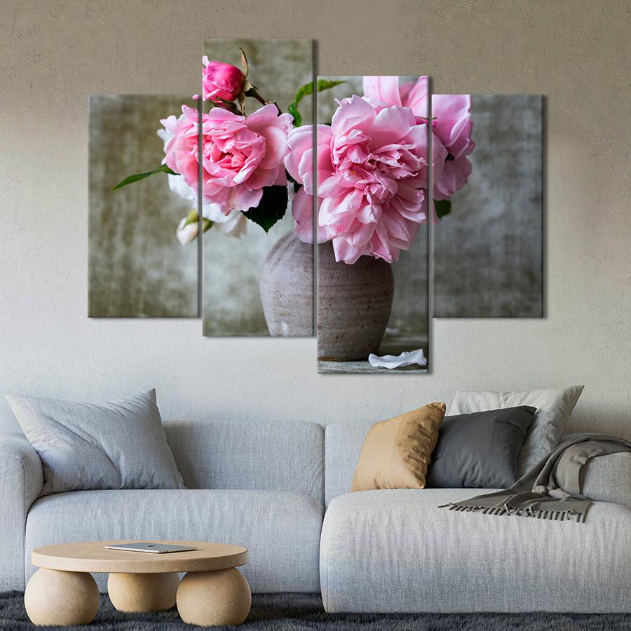 Картина цветы и растения Розовые пионы в серой вазе 149x106 см (A974-4)
