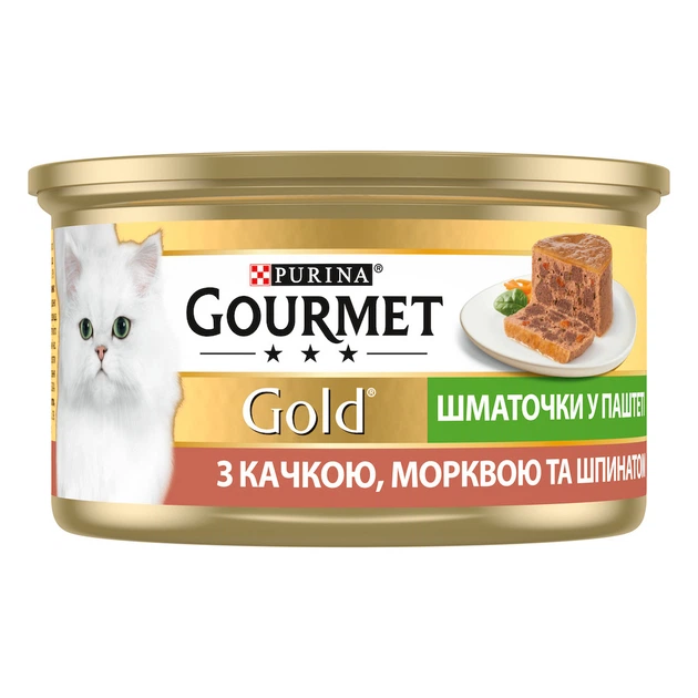 Корм вологий для дорослих котів консервований Purina Gourmet Gold з качкою/морквою і шпинатом шматочки в паштеті 85 г (28778)