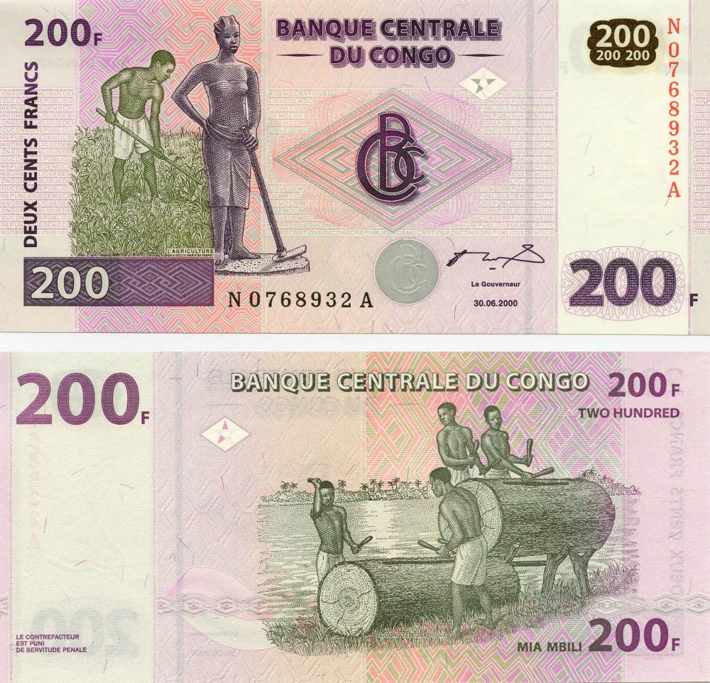 Коллекционная банкнота Демократическая Республика Конго 200 франков 2000 UNC P95 (Б11215)