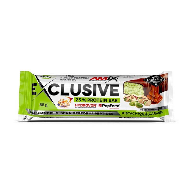Протеиновый батончик 22 г белка AMIX Exclusive Protein Bar 25% 85 г Фисташка/Карамель