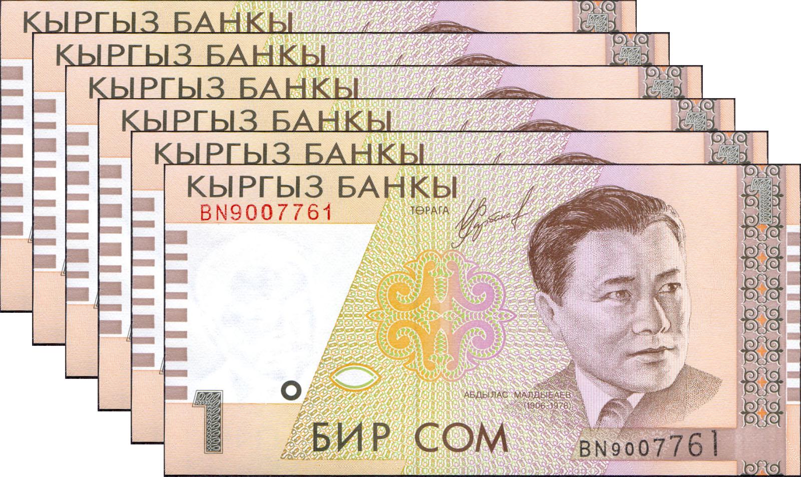 Коллекционная банкнота Кыргызстан 1999 1 сом 6 шт. P15 UNC Коллекционная банкнота Кыргызстан 1999 1 сом 6 шт. P15 UNC